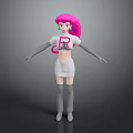 3D Cartoon Character Model With Pink Hair Green Eyes White Tshirt And Red R Letter