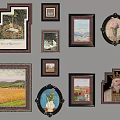 Various Picture Frames With Different Shapes Sizes And Artworks On Gray Wall 3d model