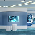 Modern Tech Exhibition Hall With Blue White Decor Geometric Ceiling Display Screens And Open Space 3d model