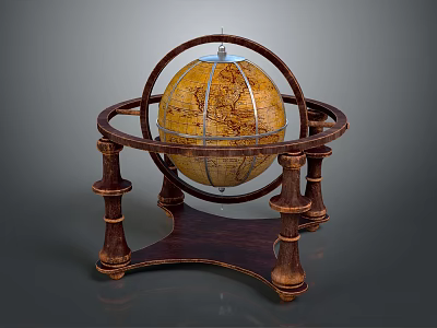 Vintage Decorative Ornament Set With Classic Globe And Wooden Stand Structure 3d model