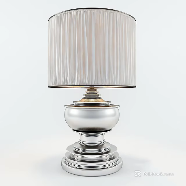 Elegant Table Lamp With Silver Metal Base And White Pleated Fabric Shade 3d model 