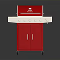 Red Outdoor Grill With Stainless Steel Countertop Cabinet And Rolling Wheels