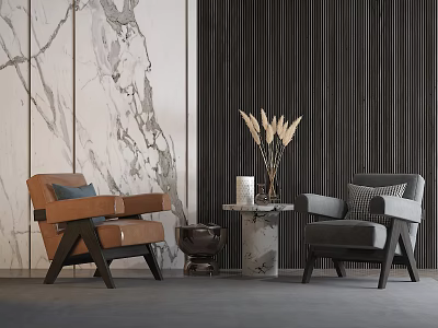 Leisure Sofa Set with Brown Leather and Gray Fabric Chairs Marble Wall and Decorative Table 3d model