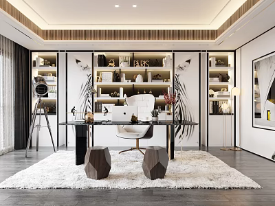 Modern Study Room Interior With Open Bookshelves Desk Chair And Decorative Rug 3d model