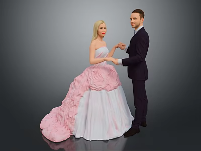 Woman In Pink White Dress With Large Train Holding Hands With Man In Suit 3d model