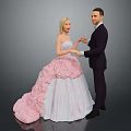 Woman In Pink White Dress With Large Train Holding Hands With Man In Suit
