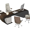Modern Office Desk With iMac Computer Documents Table Lamp And Beige Brown Chairs 3d model
