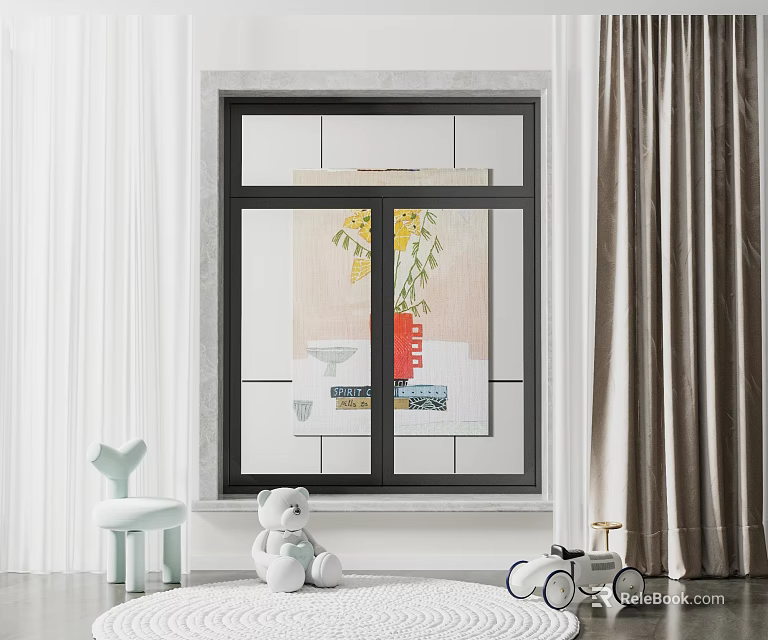Soft Light Curtains in Kids Room with Window Teddy Bear and Toy Car 3d model 