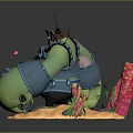 Mechanical Crab Creature With Green Body Blue Armor Sandy Base Red Star And Plants