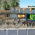 Modern Commercial Street With High Rise Buildings Storefronts Awnings And Pedestrians