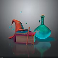 Magical Wizardry Scene With Red Wizard Hat Colorful Book Pencil Blue Magic Bottle And Sparkles