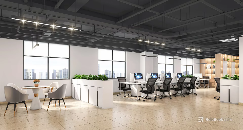 Modern Public Office Space With Open Layout Workstations Computers Large Windows And Green Plants 3d model