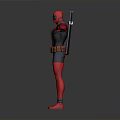 Deadpool Character in Red and Black Costume with Arms Outstretched Holding Katanas