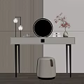 Modern Dressing Table with Round Mirror Two Globe Lamps Red Maple Vase and Beige Stool 3d model