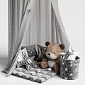 Gray Bed Canopy With Hanging Star Decorations And Soft Teddy Bear 3d model