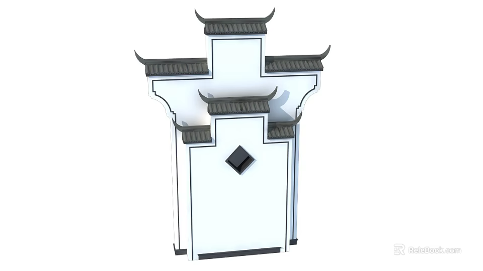 Traditional Chinese Building Facade with White Walls Black Tiled Overhanging Eaves and Diamond Decoration 3d model 