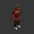 Samurai Warrior In Red Traditional Armor With Dragon Motifs And Horned Helmet Design