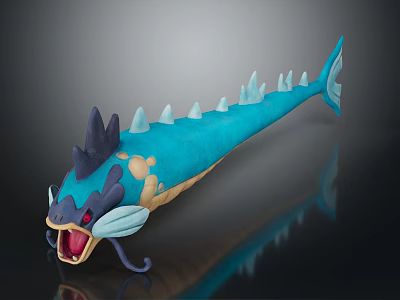 Blue Fish Like Creature With Purple Horns Red Eyes Yellow Spots Spikes And Tentacles 3d model