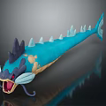 Blue Fish Like Creature With Purple Horns Red Eyes Yellow Spots Spikes And Tentacles