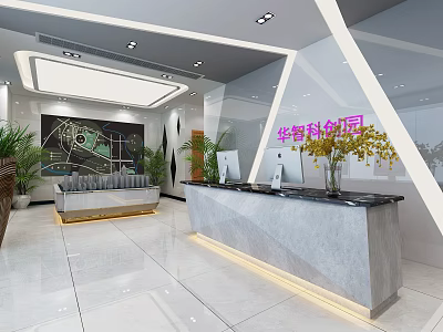 Modern Sales Office Interior With Bright Space Stylish Reception Desk Green Plants And Map Wall 3d model