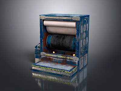 Blue Mechanical Industrial Equipment With Roller System And Yellow Black Warning Stripes 3d model