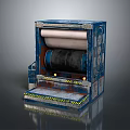 Blue Mechanical Industrial Equipment With Roller System And Yellow Black Warning Stripes