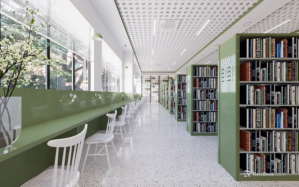 Artistic Library Interior Design With Green Bookshelves And White Chairs 3d model 