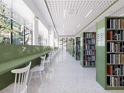 Artistic Library Interior Design With Green Bookshelves And White Chairs 3d model
