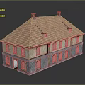 Traditional Two Story Residential Building With Red Tile Roof Brick Exterior Multiple Windows And Chimneys