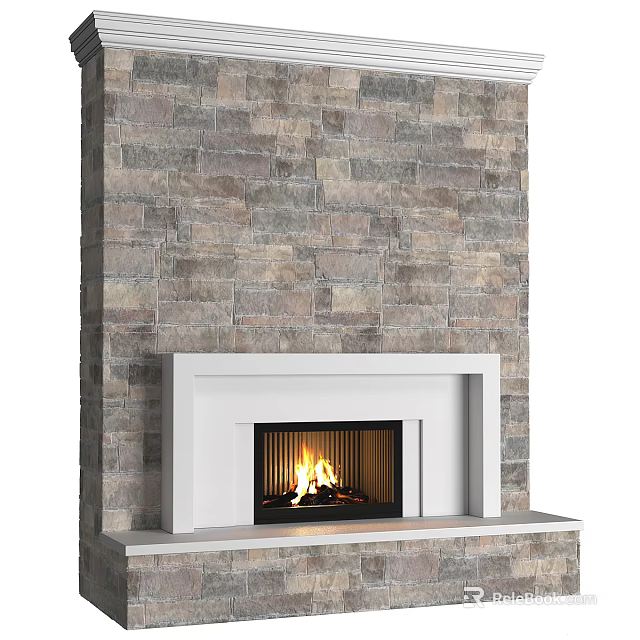 Stone Wall Fireplace With White Frame And Burning Fire In Modern Interior 3d model