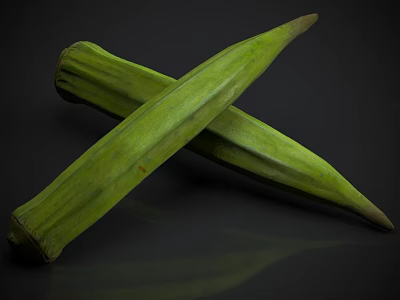 Fresh Organic Green Okra Vegetables Crossed On Dark Reflective Surface 3d model