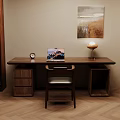 Cozy Wooden Desk Setup With Laptop Table Lamp Alarm Clock Chair And Drawer
