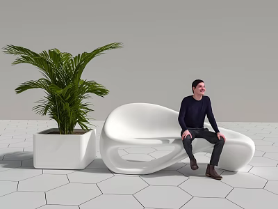 Modern Sleek White Public Chair with Large Green Plant and Man Sitting on Hexagonal Tiles 3d model