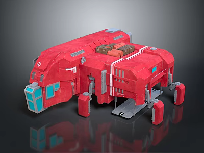 Red Sci Fi Mechanical Structure 3D Model With Blue Windows And Gray Support Legs 3d model