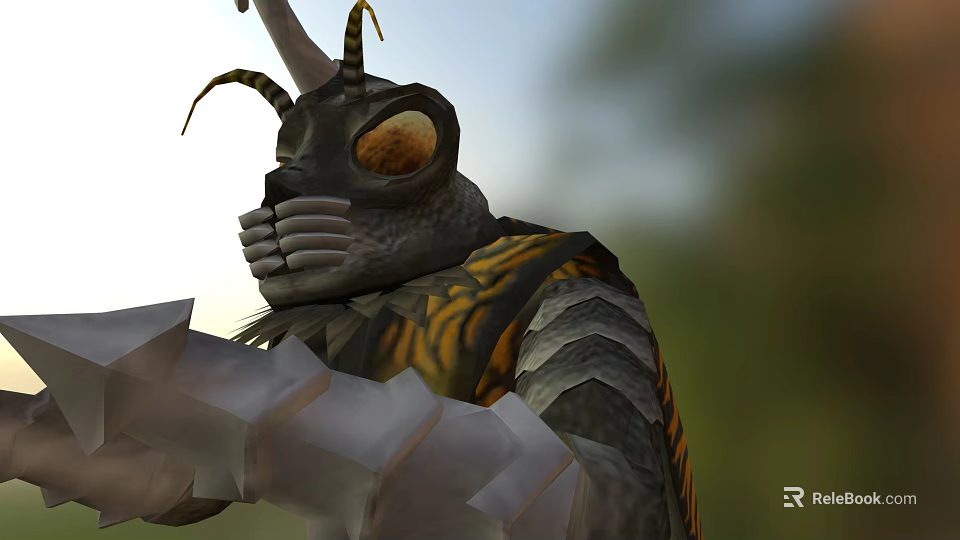 Insect Like Fantasy Game Character With Yellow Eyes Antennae And Armored Striped Body 3d model 