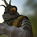 Insect Like Fantasy Game Character With Yellow Eyes Antennae And Armored Striped Body