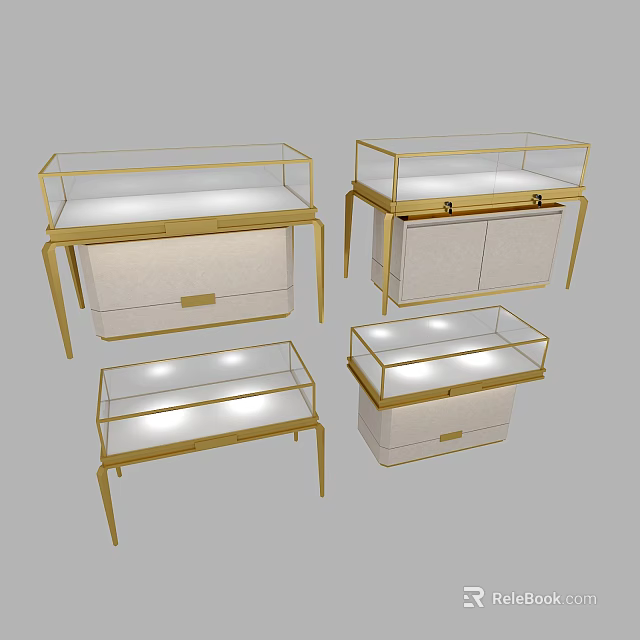 Jewelry Store Display Cases with Gold Frame Transparent Glass Drawers Cabinets And Lighting 3d model 