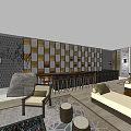 Hotel Lobby Interior With Reception Desk Staircase Seating And Ceiling Design 3d model