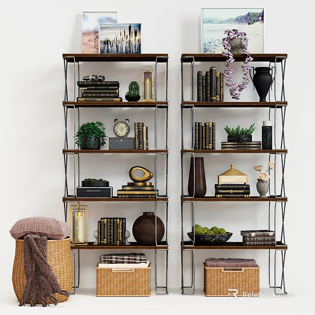 Modern Wooden Shelving Unit With Books Potted Plants Vases And Decorative Storage Baskets 3d model 