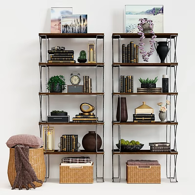 Modern Wooden Shelving Unit With Books Potted Plants Vases And Decorative Storage Baskets 3d model