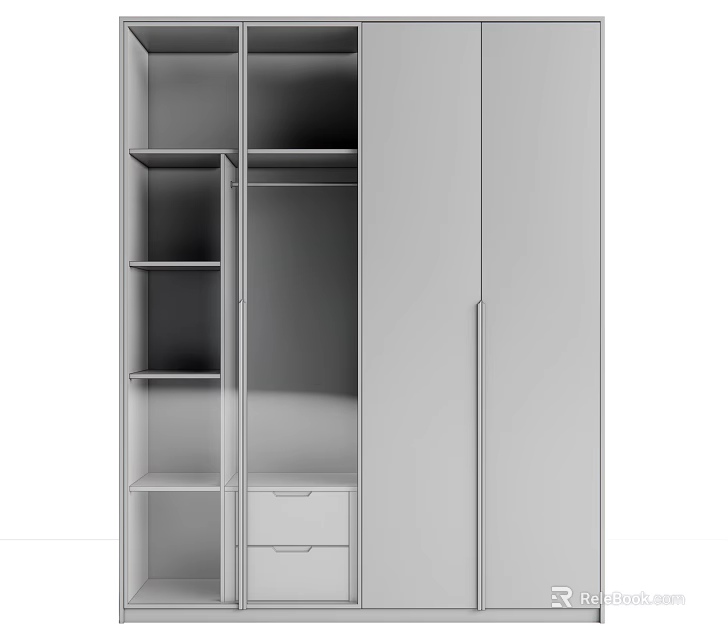 Modern Gray Wardrobe With Multiple Shelves Drawers And Cabinet Doors 3d model 