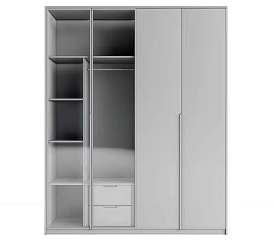 Modern Gray Wardrobe With Multiple Shelves Drawers And Cabinet Doors 3d model