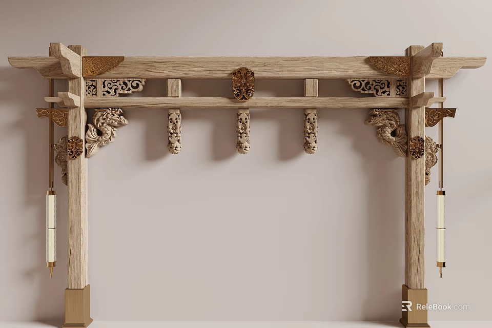 Traditional Chinese Wooden Architectural Component With Carved Dragon Motifs And Hanging Lanterns 3d model 