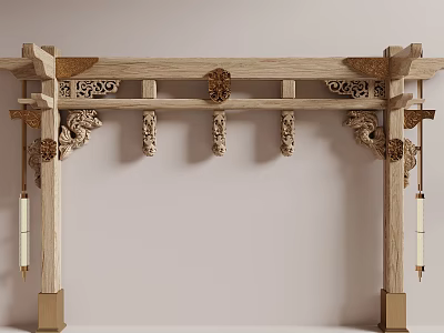 Traditional Chinese Wooden Architectural Component With Carved Dragon Motifs And Hanging Lanterns 3d model