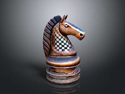 Copper Chess Knight Piece With Black White Checkered Head Decorative Household Item On Dark Background 3d model