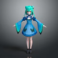 Anime Style Game Movie Character With Green Twin Buns Red Eyes And Blue Butterfly Dress
