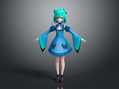 Anime Style Game Movie Character With Green Twin Buns Red Eyes And Blue Butterfly Dress 3d model