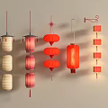 Traditional Chinese Lanterns Hanging With Red And Beige Round Square Designs