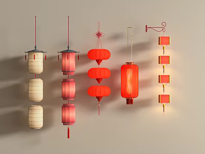 Traditional Chinese Lanterns Hanging With Red And Beige Round Square Designs 3d model