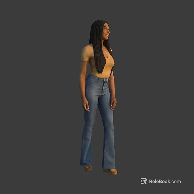 Woman with long black hair wearing yellow short sleeve top and blue flared jeans on gray background 3d model 